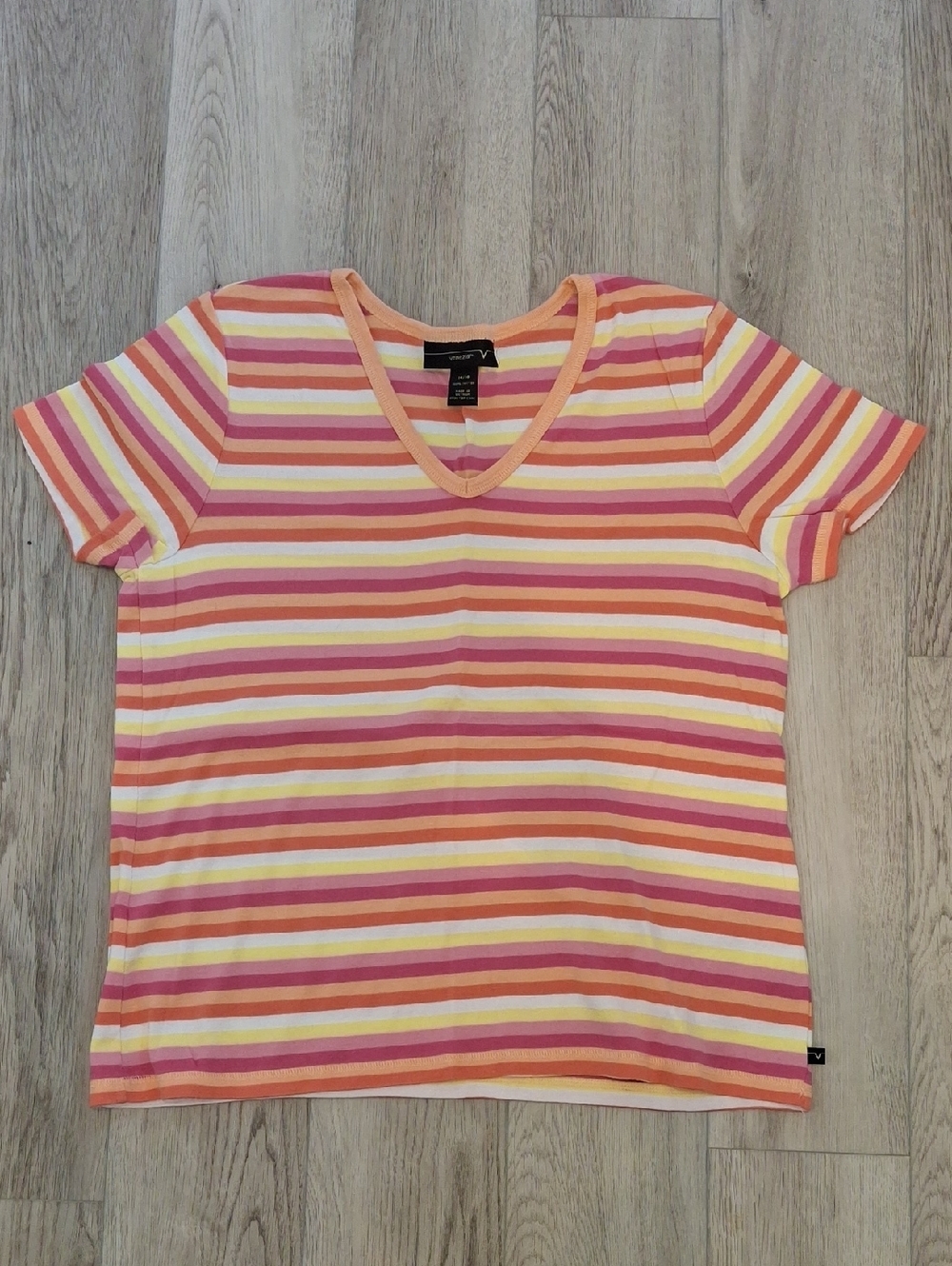Vintage Venezia Striped V-Neck Tee in Pink, Orange & Yellow
